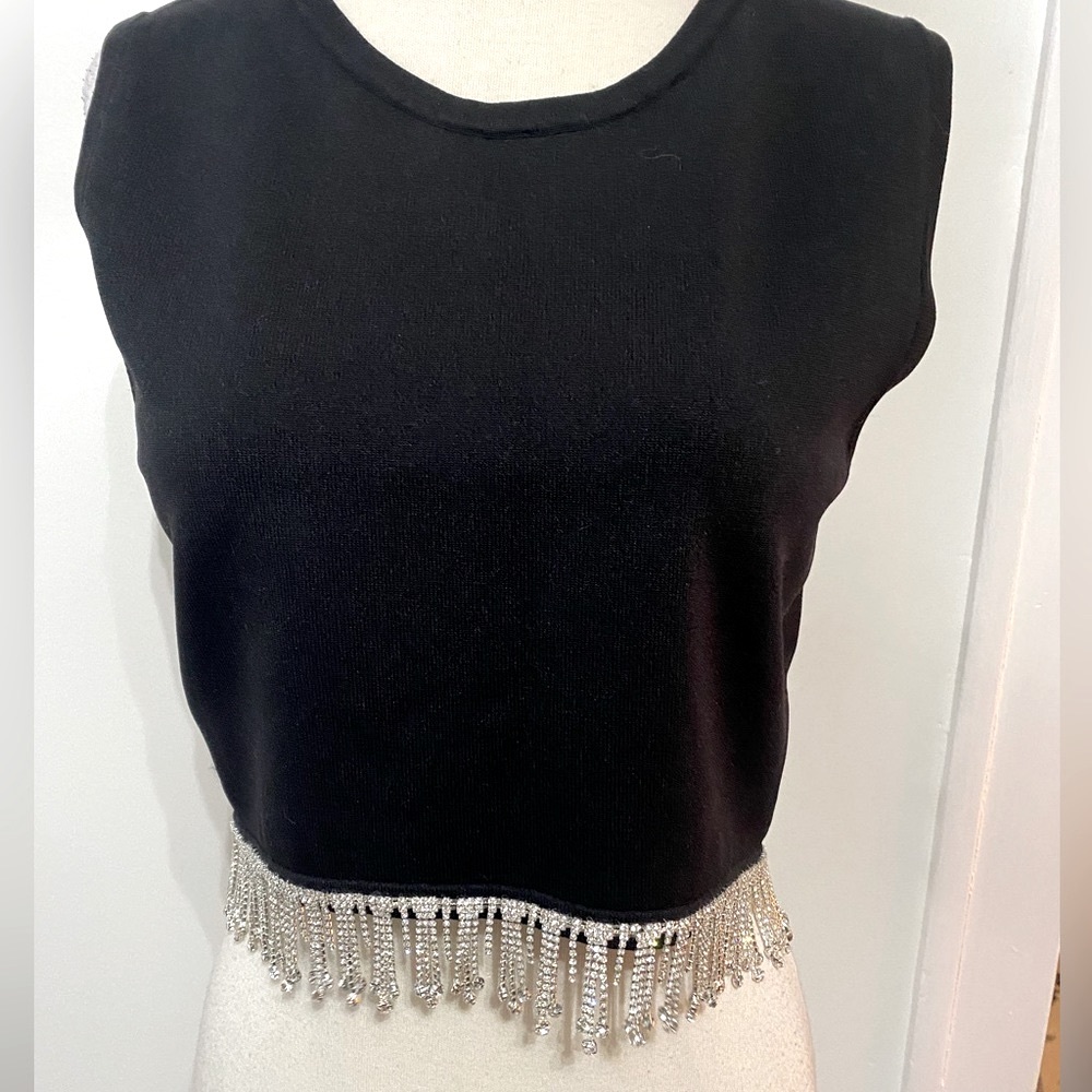 FOREVER 21 Black Sleeveless Cropped Top with Rhinestone Trim - Size XL - NEW